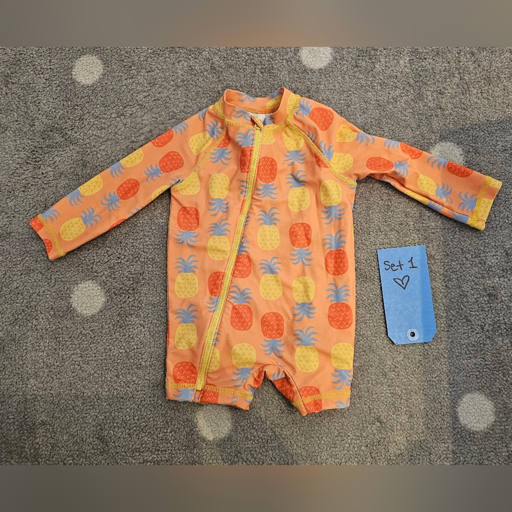 Joe Fresh 6-12M Orange Pineapple Print Long Sleeve Baby Swimsuit Onesie